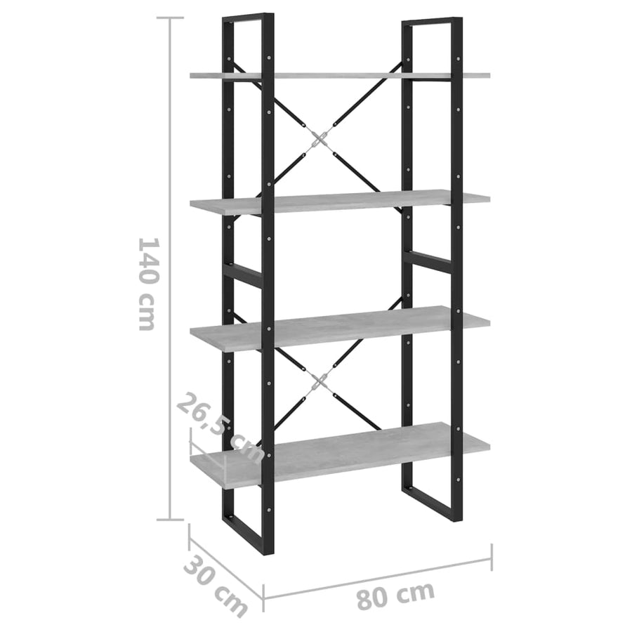 Boekenkast Met 4 Schappen Spaanplaat Betongrijs 80 x 30 x 140 cm Bewerkt hout