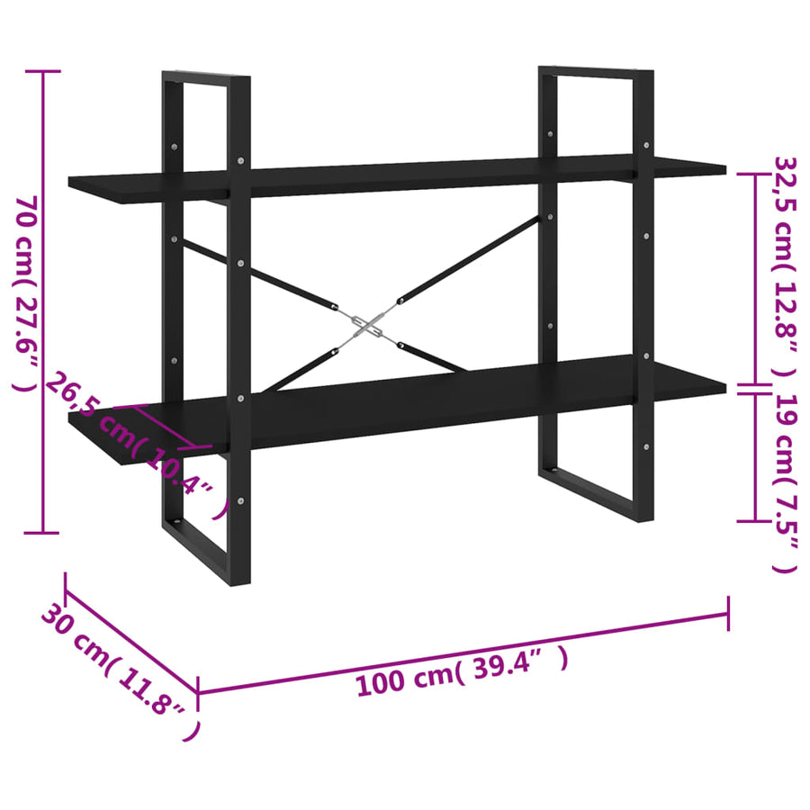 Boekenkast Met 2 Schappen Spaanplaat Zwart 100 x 30 x 70 cm Bewerkt hout