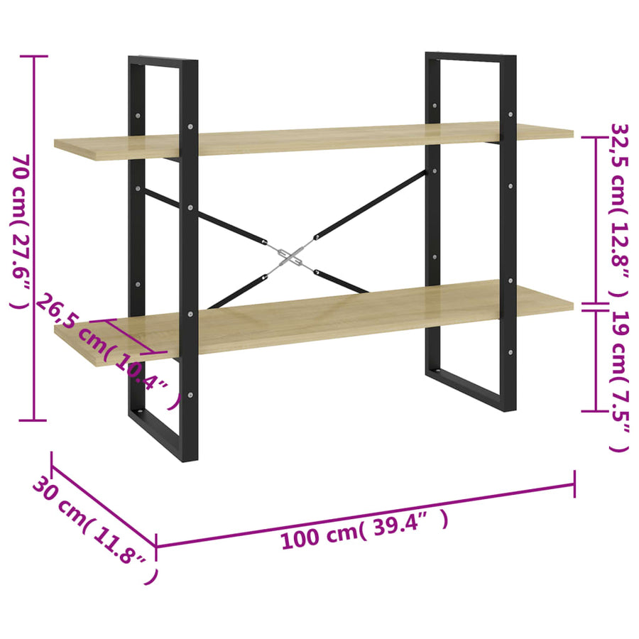 Boekenkast Met 2 Schappen Spaanplaat Sonoma Eiken 100 x 30 x 70 cm Bewerkt hout