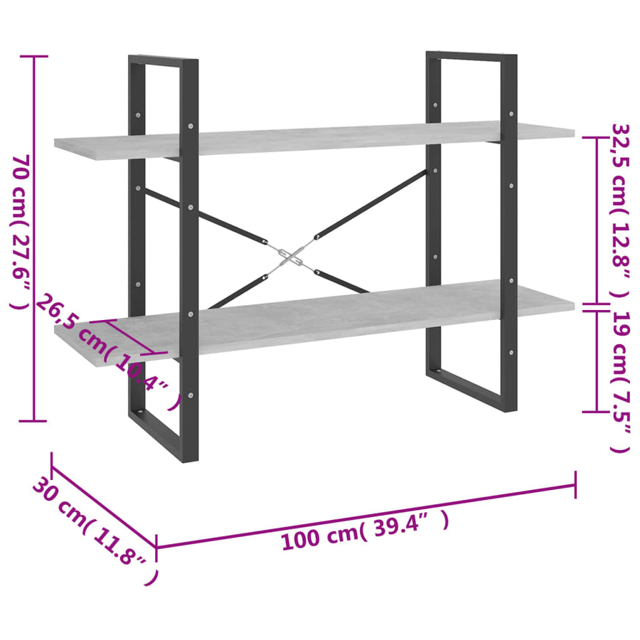 Boekenkast Met 2 Schappen Spaanplaat Betongrijs 100 x 30 x 70 cm Bewerkt hout