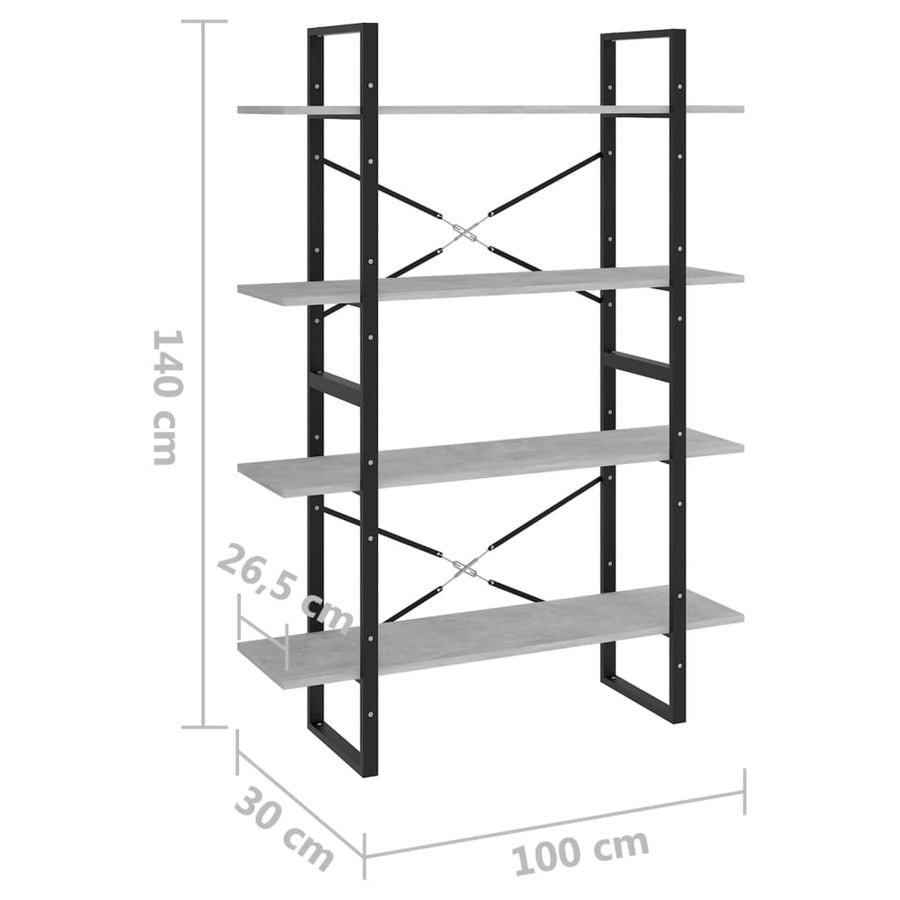 Boekenkast Met 4 Schappen Spaanplaat Betongrijs 100 x 30 x 140 cm Bewerkt hout