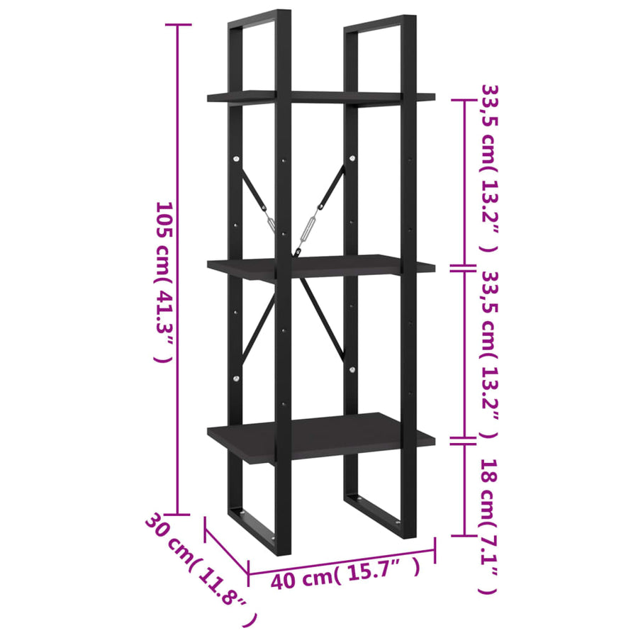 Boekenkast Met 3 Schappen Spaanplaat Grijs 40 x 30 x 105 cm Bewerkt hout