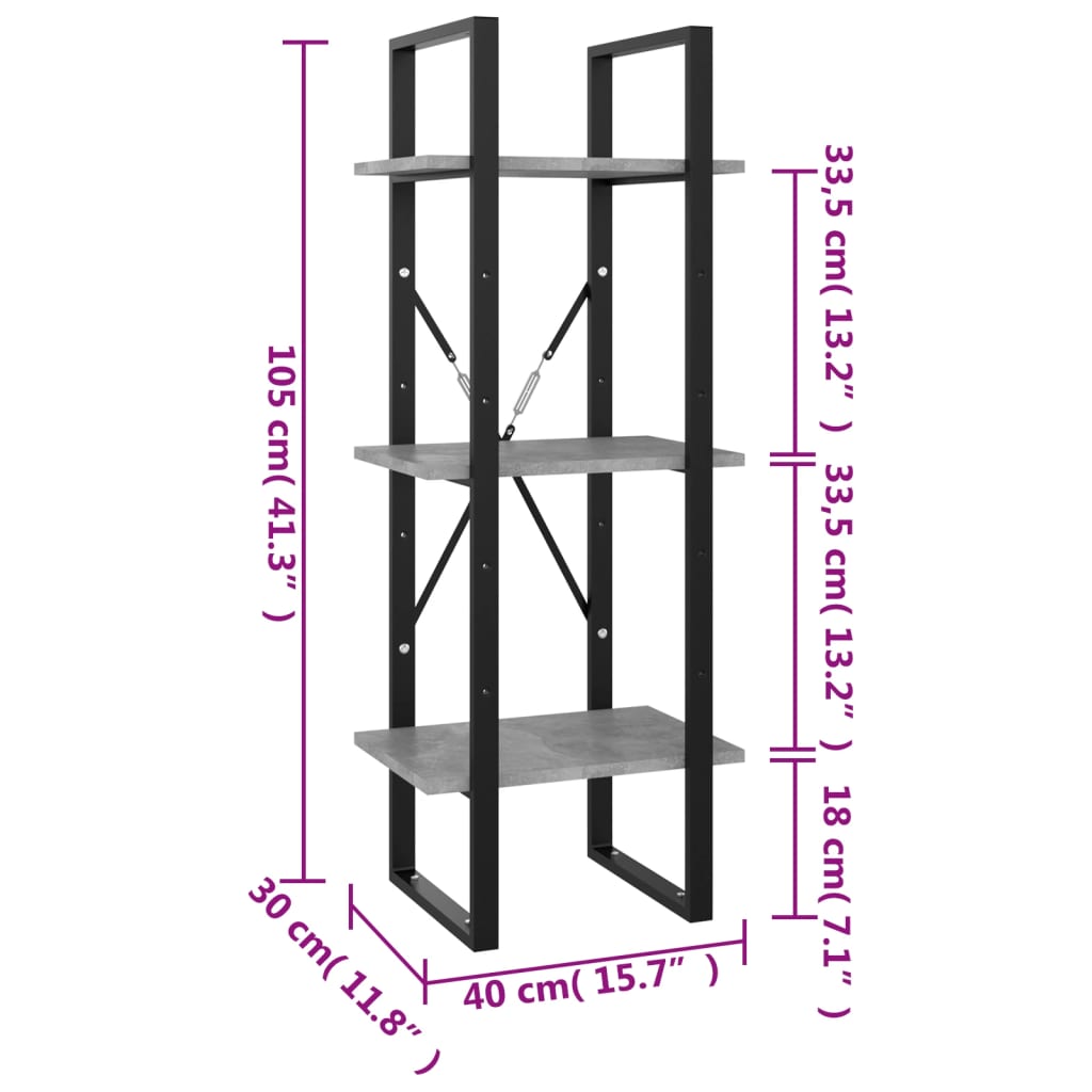 Boekenkast Met 3 Schappen Spaanplaat Betongrijs 40 x 30 x 105 cm Bewerkt hout