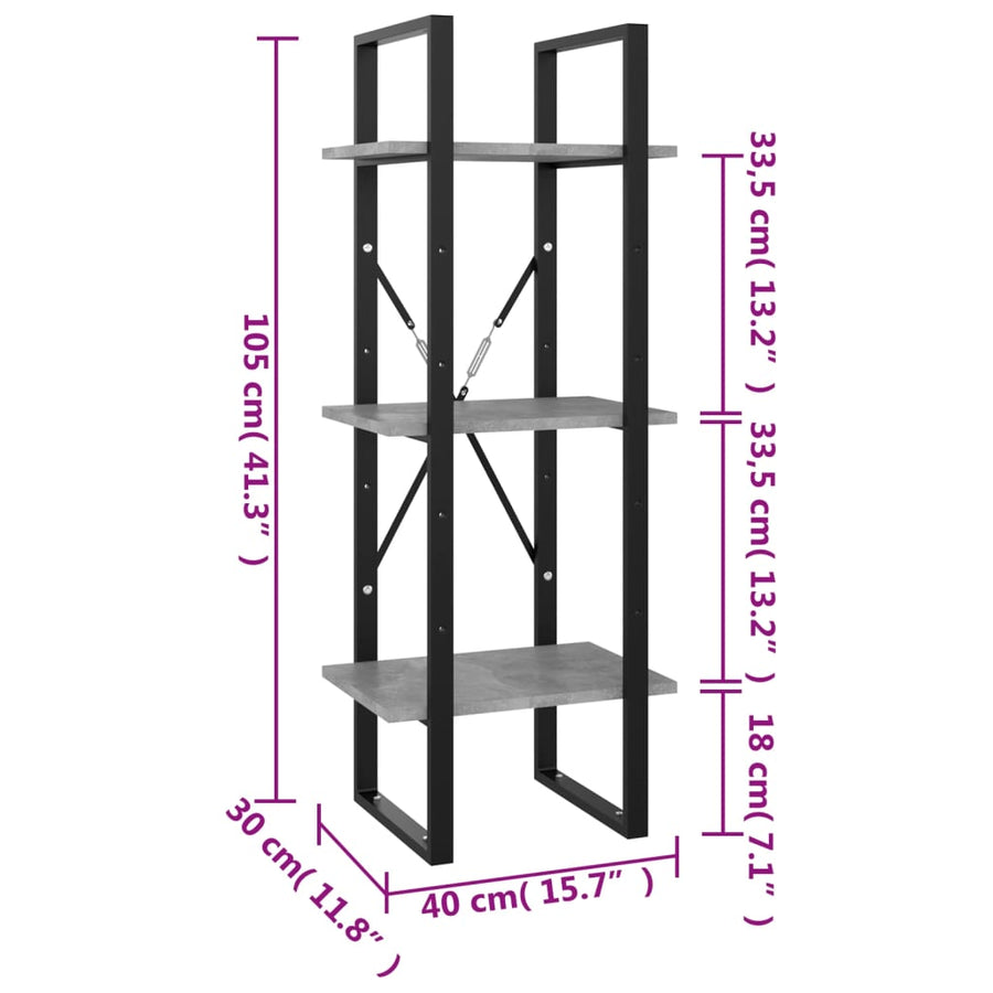 Boekenkast Met 3 Schappen Spaanplaat Betongrijs 40 x 30 x 105 cm Bewerkt hout