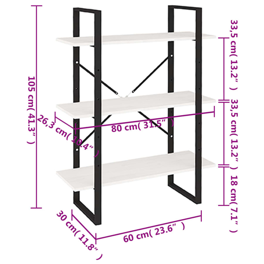 Boekenkast met 3 schappen 80x30x105 cm massief grenenhout wit 80 x 30 x 105 cm Hout