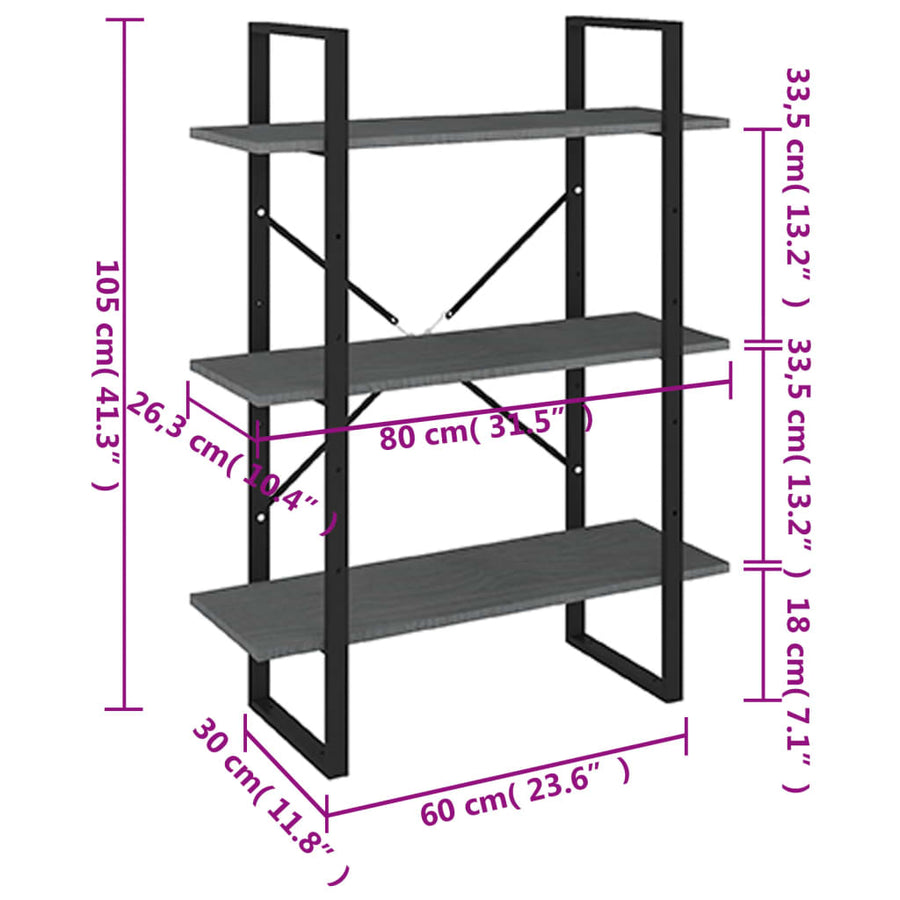 Boekenkast met 3 schappen 80x30x105 cm massief grenenhout grijs 80 x 30 x 105 cm Hout
