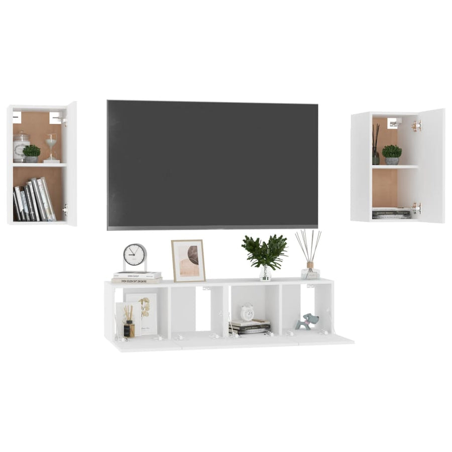 4-Delige Tv-Meubelset Bewerkt Hout 120 cm Wit