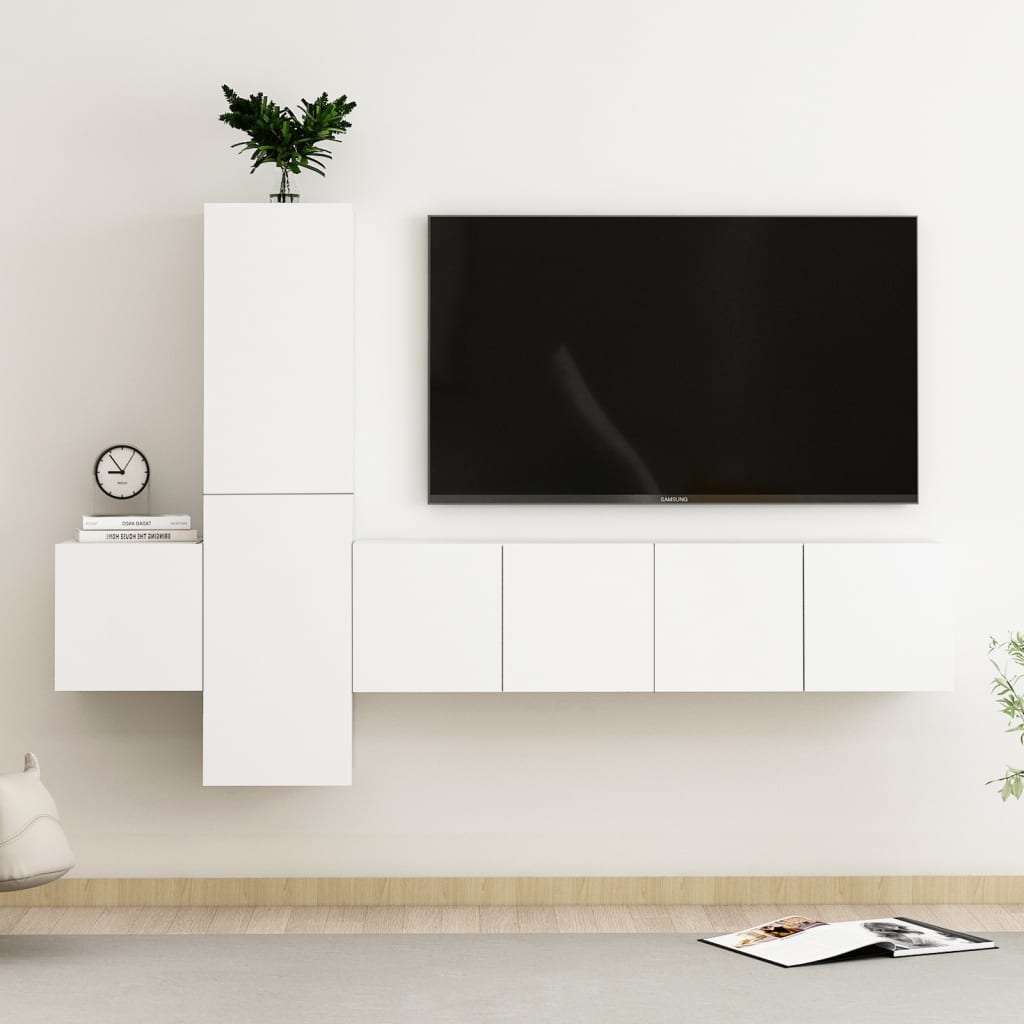 5-Delige Tv-Meubelset Bewerkt Hout 120 cm Wit