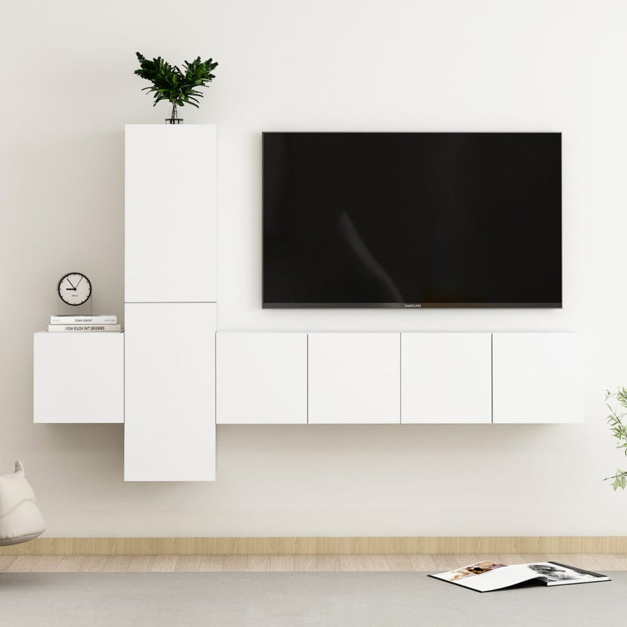 5-Delige Tv-Meubelset Bewerkt Hout 120 cm Wit
