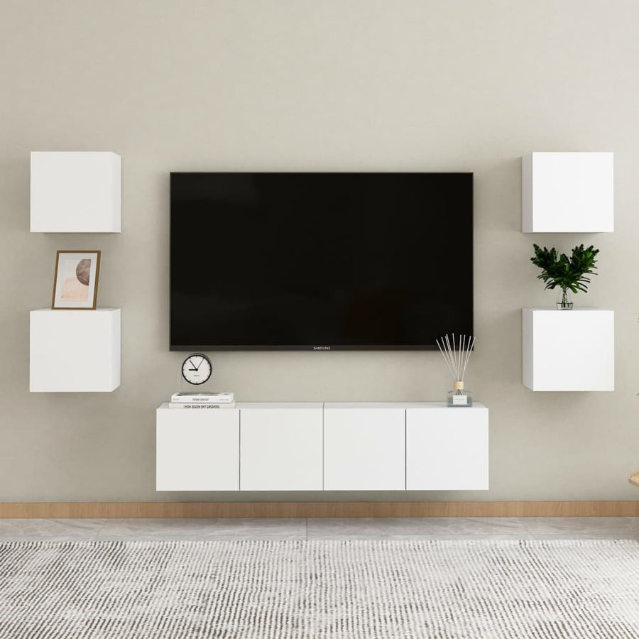 6-Delige Tv-Meubelset Bewerkt Hout 120 cm Wit
