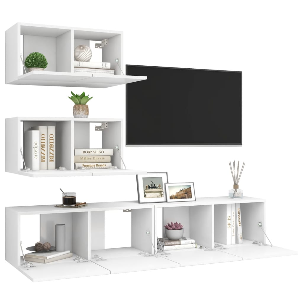 4-Delige Tv-Meubelset Bewerkt Hout Wit