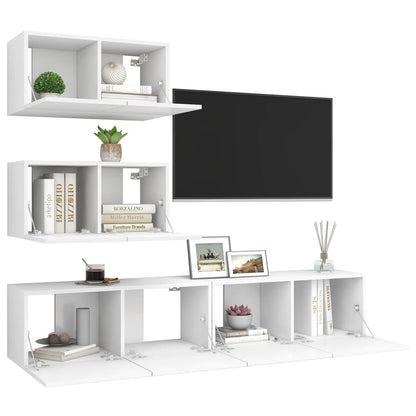 4-Delige Tv-Meubelset Bewerkt Hout Wit