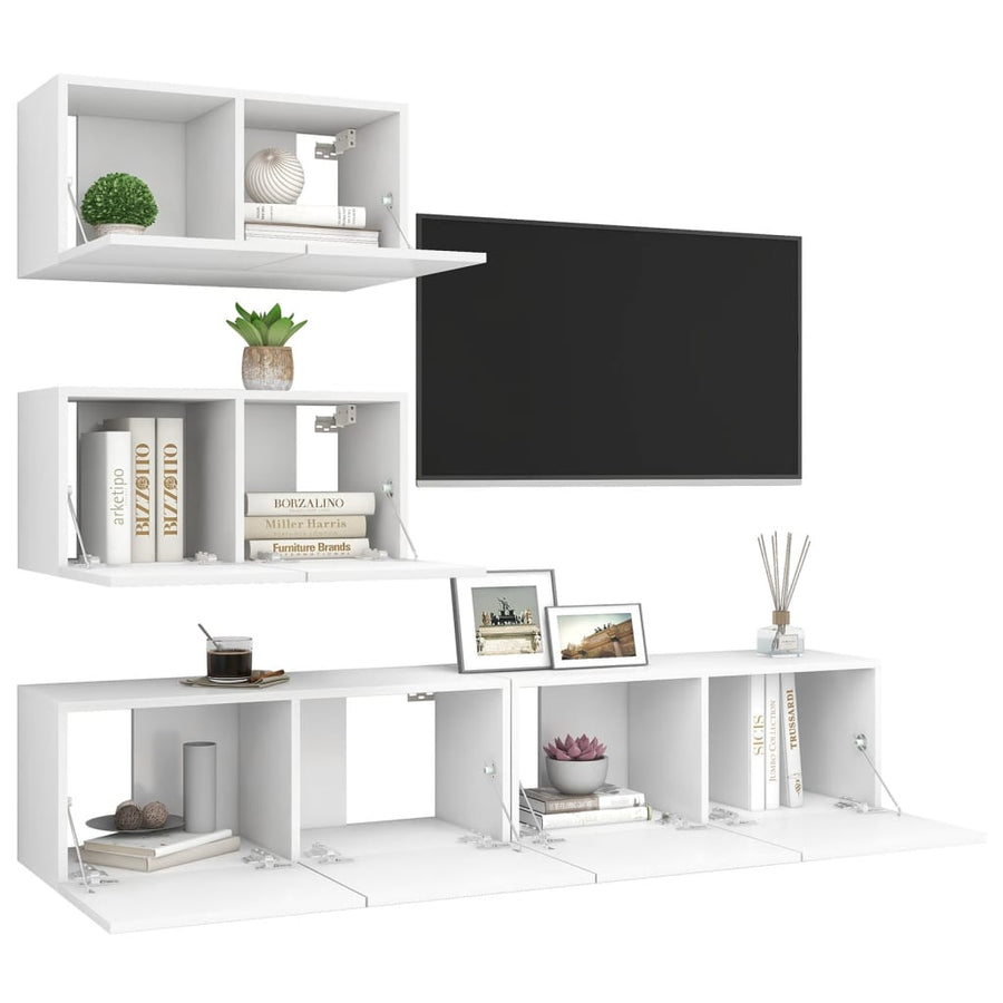 4-Delige Tv-Meubelset Bewerkt Hout Wit