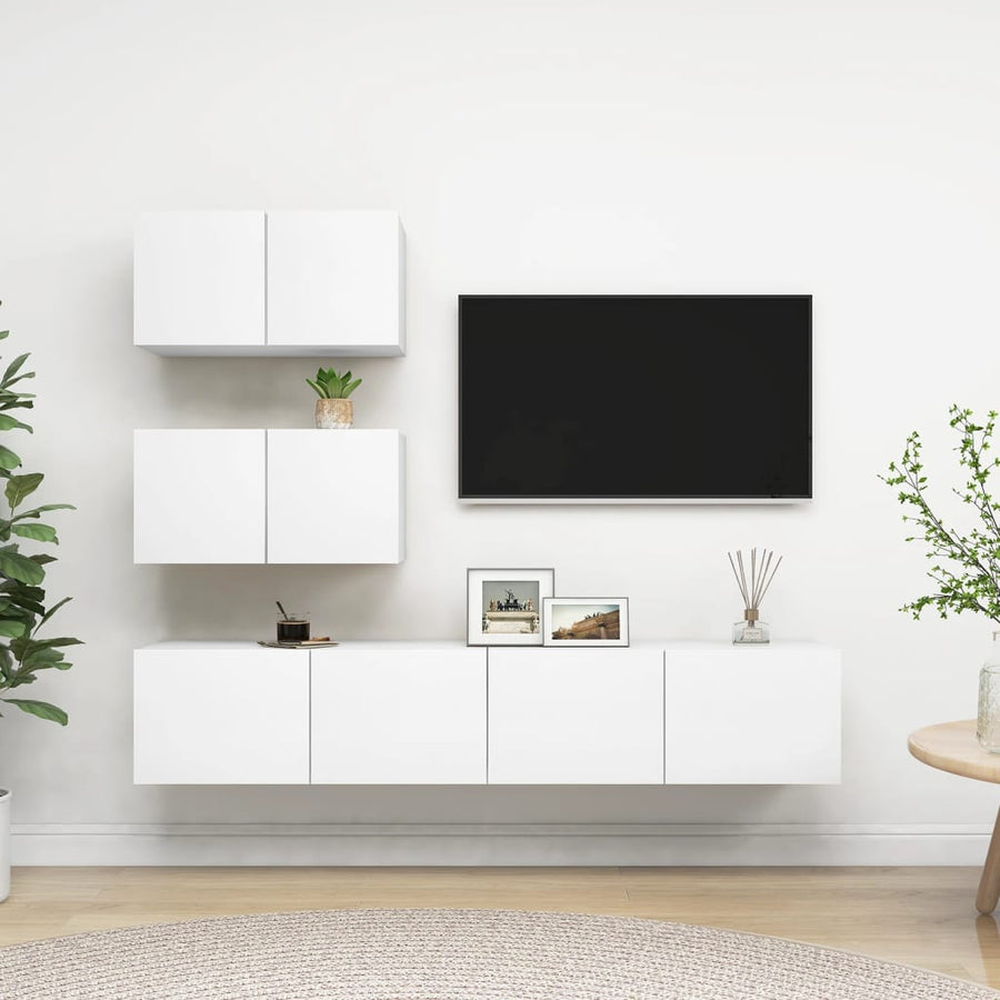 4-Delige Tv-Meubelset Bewerkt Hout Wit