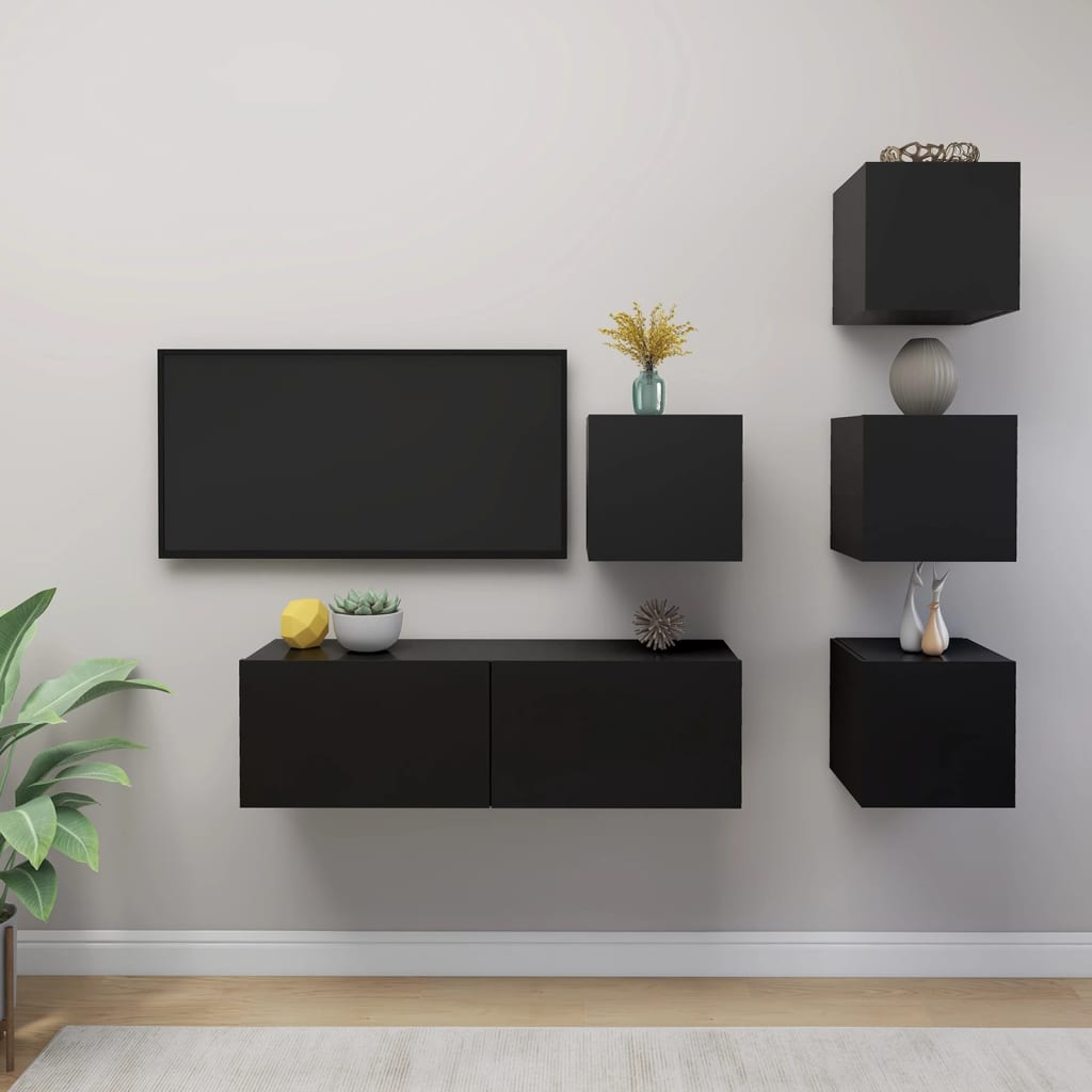 5-delige Tv-meubelset bewerkt hout zwart