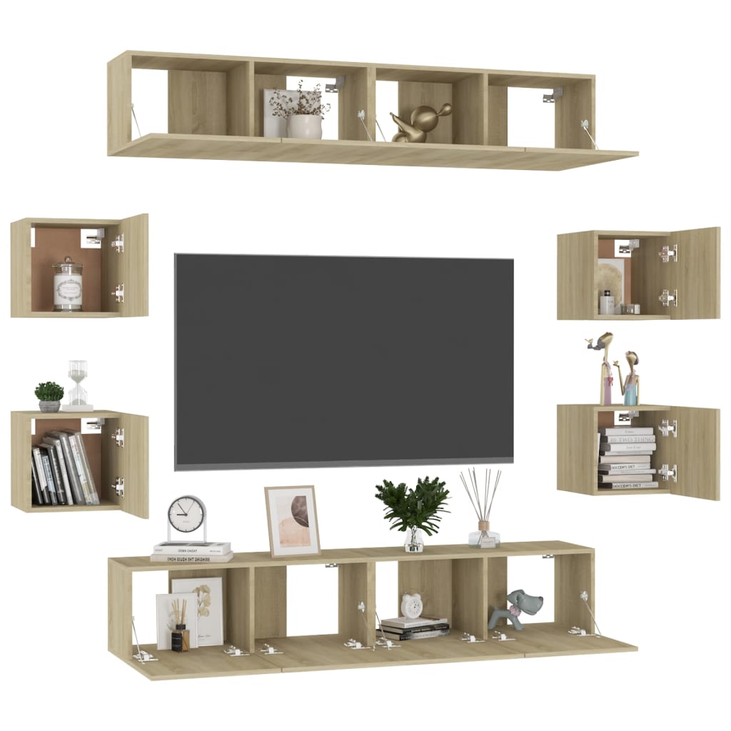 8-Delige Tv-Meubelset Bewerkt Hout Kleurig 80 x 30 x 30 cm Sonoma eiken