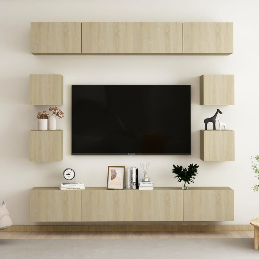 8-Delige Tv-Meubelset Bewerkt Hout Kleurig 100 x 30 x 30 cm Sonoma eiken