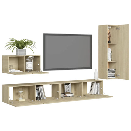 4-Delige Tv-Meubelset Bewerkt Hout Kleurig 110 cm Sonoma eiken