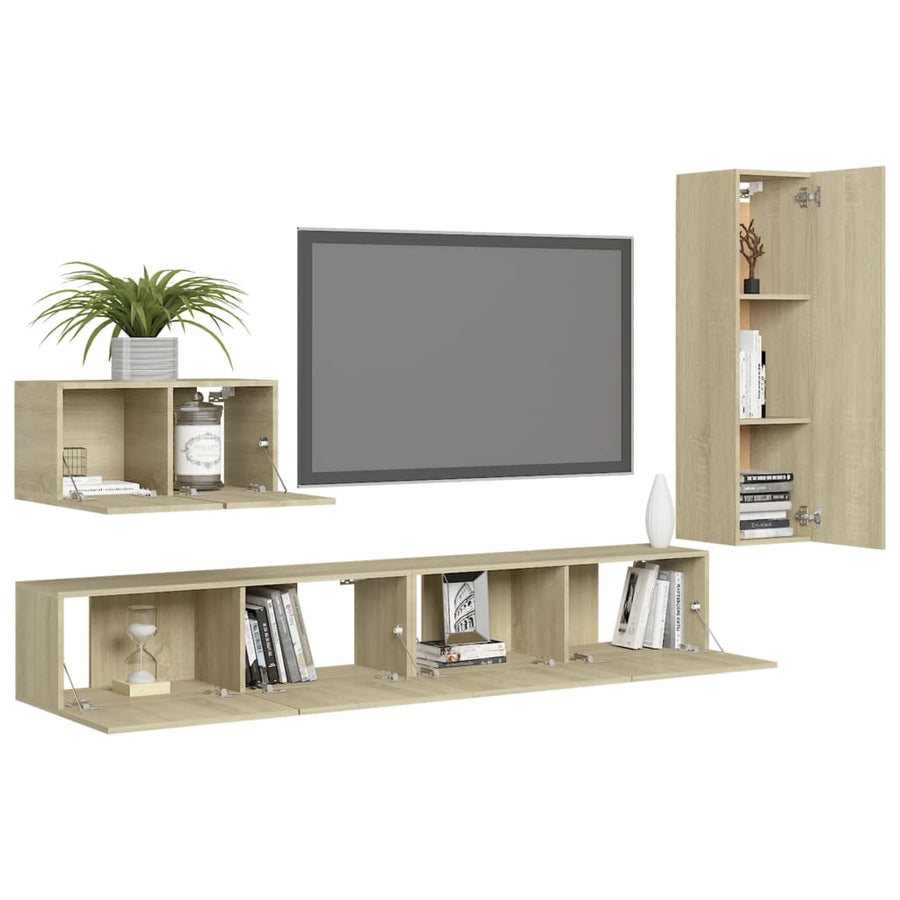4-Delige Tv-Meubelset Bewerkt Hout Kleurig 110 cm Sonoma eiken