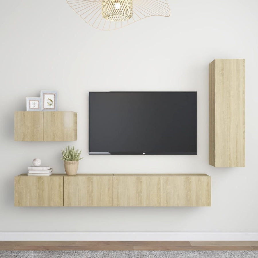 4-Delige Tv-Meubelset Bewerkt Hout Kleurig 110 cm Sonoma eiken
