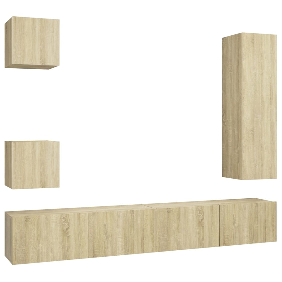 5-Delige Tv-Meubelset Bewerkt Hout Kleurig 110 cm Sonoma eiken