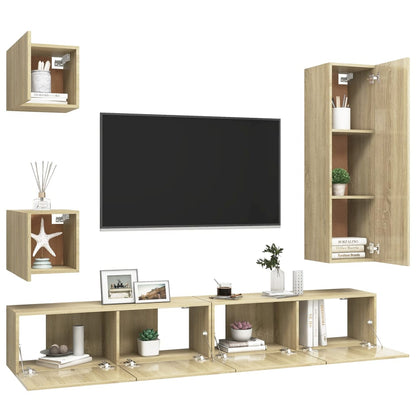 5-Delige Tv-Meubelset Bewerkt Hout Kleurig 110 cm Sonoma eiken