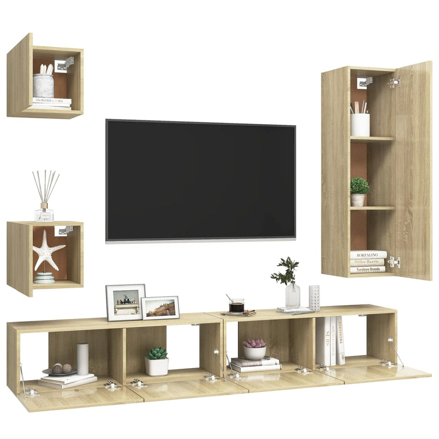 5-Delige Tv-Meubelset Bewerkt Hout Kleurig 110 cm Sonoma eiken