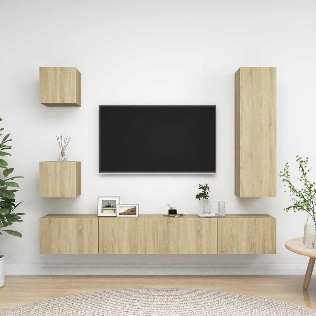 5-Delige Tv-Meubelset Bewerkt Hout Kleurig 110 cm Sonoma eiken