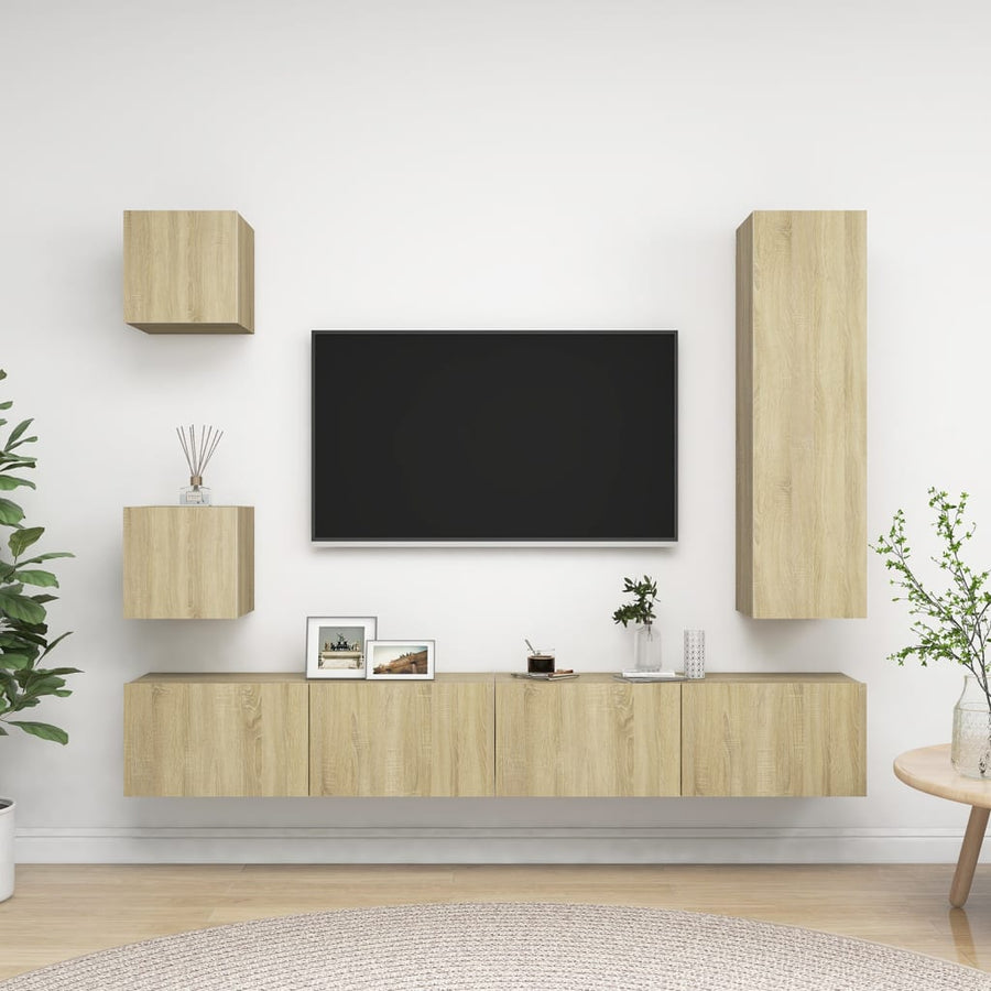 5-Delige Tv-Meubelset Bewerkt Hout Kleurig 110 cm Sonoma eiken