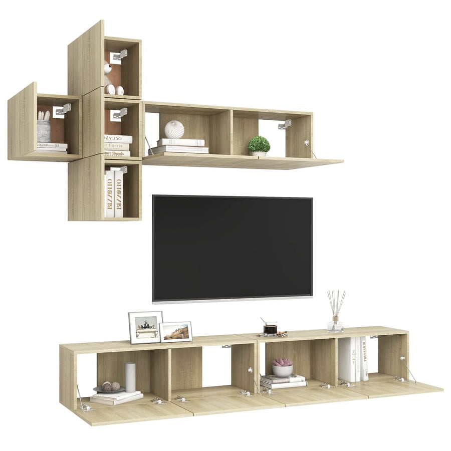 7-Delige Tv-Meubelset Bewerkt Hout Kleurig 100 x 30 x 30 cm Sonoma eiken