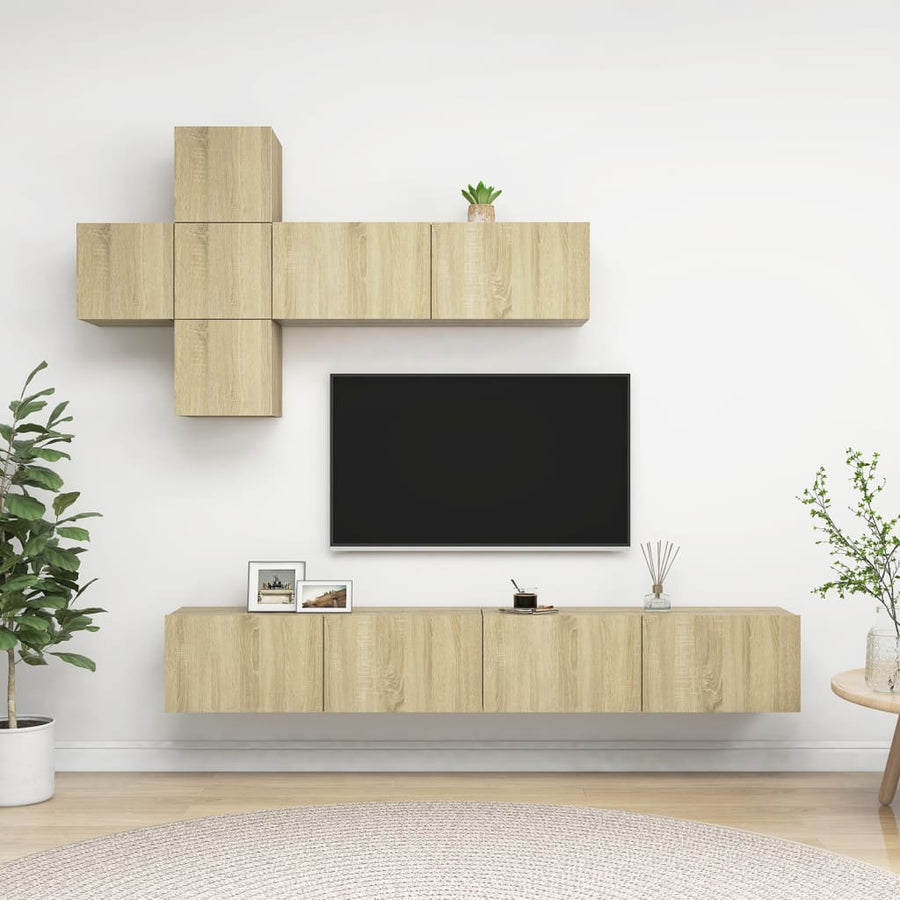 7-Delige Tv-Meubelset Bewerkt Hout Kleurig 100 x 30 x 30 cm Sonoma eiken