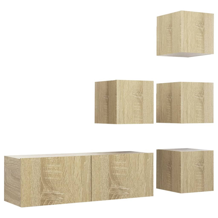 5-Delige Tv-Meubelset Bewerkt Hout Kleurig 100 x 30 x 30 cm Sonoma eiken