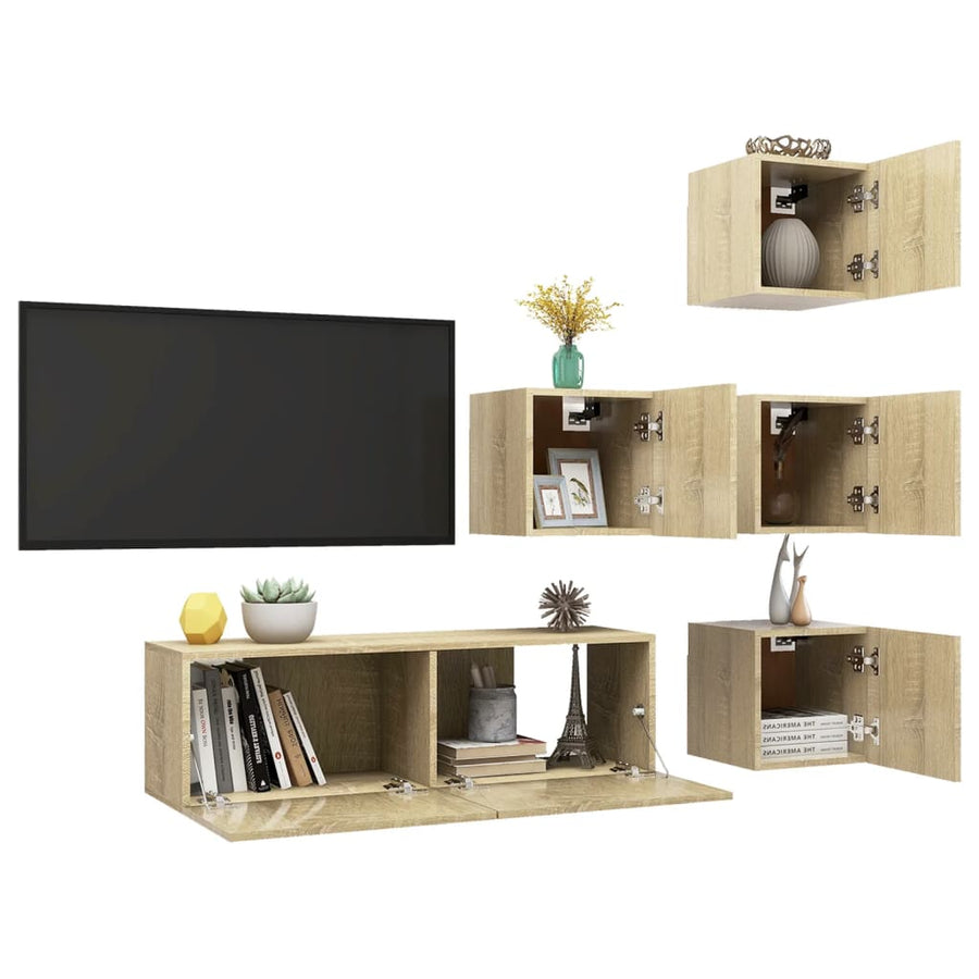 5-Delige Tv-Meubelset Bewerkt Hout Kleurig 100 x 30 x 30 cm Sonoma eiken