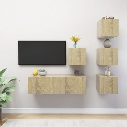 5-Delige Tv-Meubelset Bewerkt Hout Kleurig 100 x 30 x 30 cm Sonoma eiken