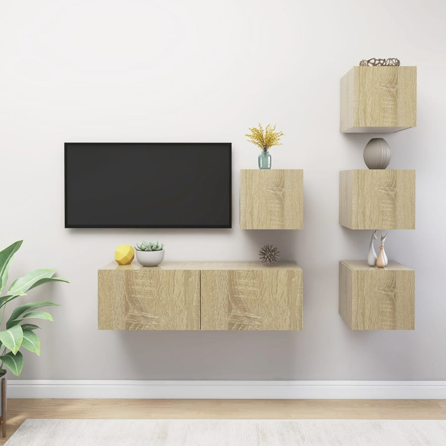 5-Delige Tv-Meubelset Bewerkt Hout Kleurig 100 x 30 x 30 cm Sonoma eiken