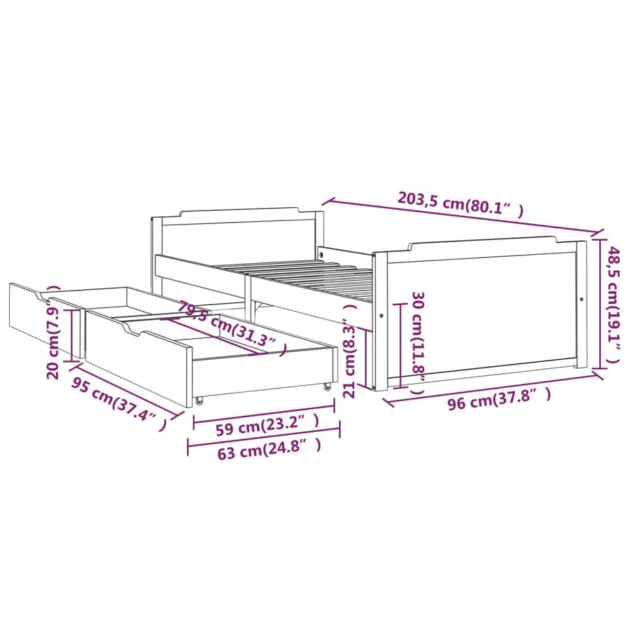 Bedframe Met Lades Massief Grenenhout 90X200 Cm Wit