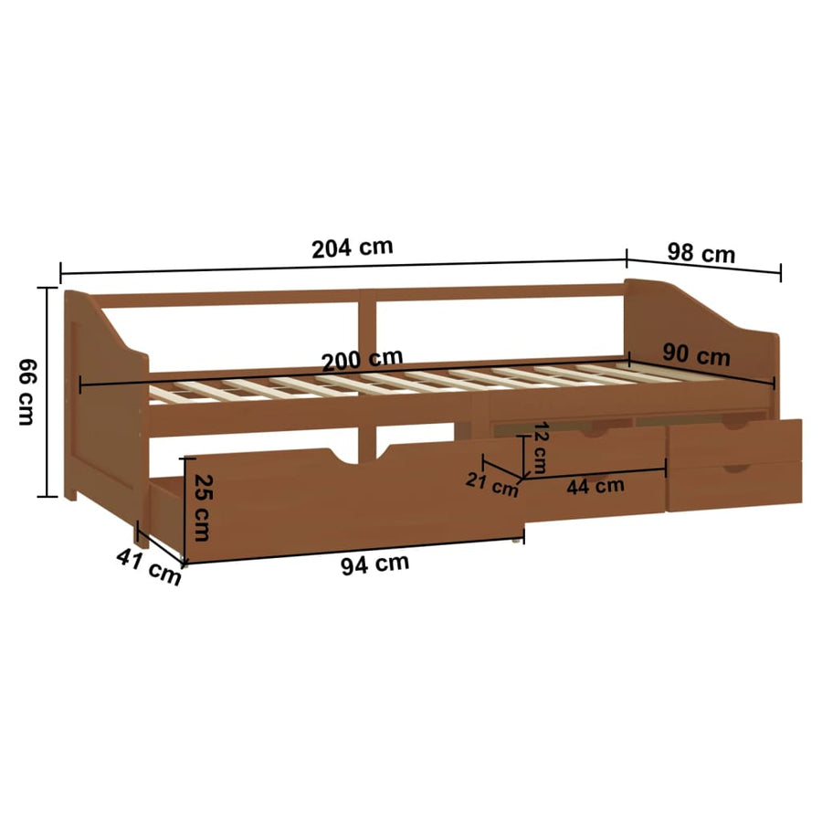 Bedbank 3-Zits Met Lades Grenenhout 90X200 Cm Honingbruin