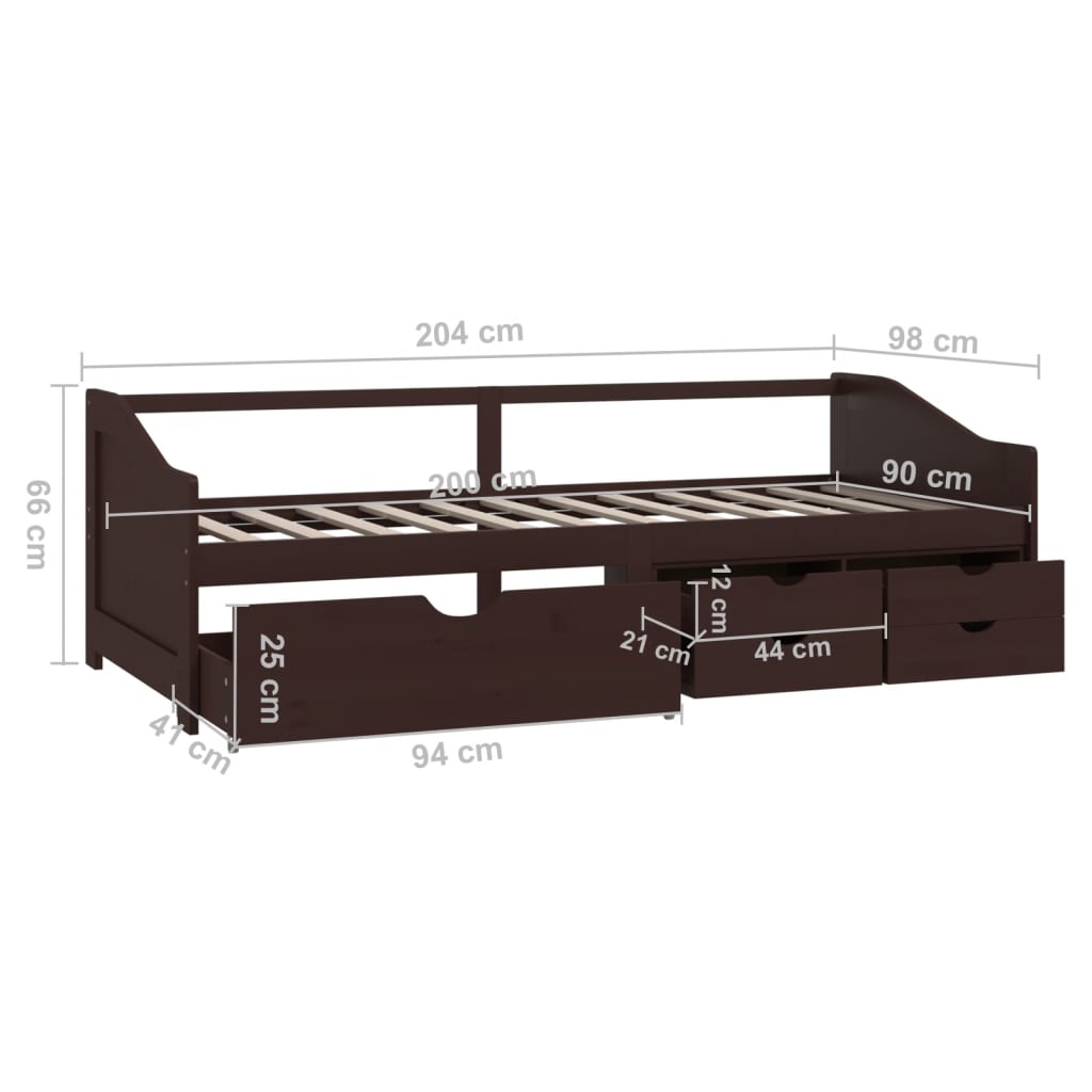 Bedbank 3-Zits Met Lades Grenenhout 90X200 Cm Donkerbruin