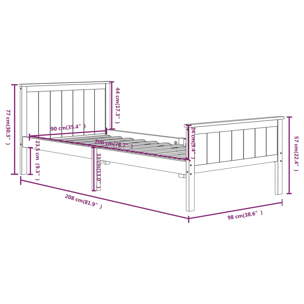 Bedframe Massief Grenenhout 90 x 200 cm Donkerbruin
