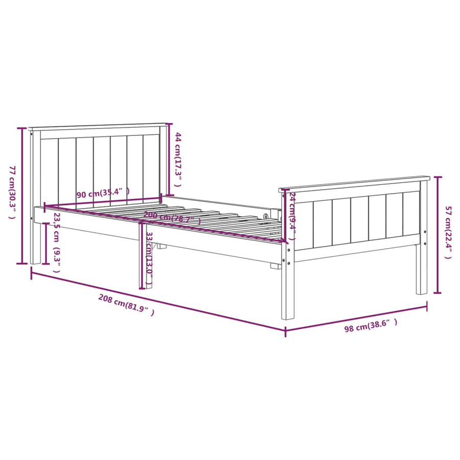 Bedframe Massief Grenenhout 90 x 200 cm Donkerbruin
