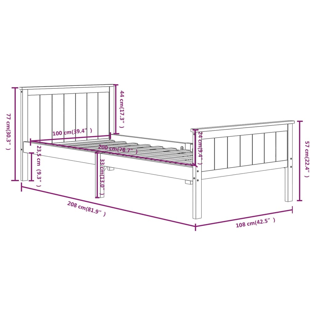 Bedframe Massief Grenenhout 100 x 200 cm Donkerbruin