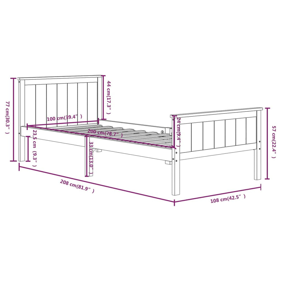Bedframe Massief Grenenhout 100 x 200 cm Donkerbruin
