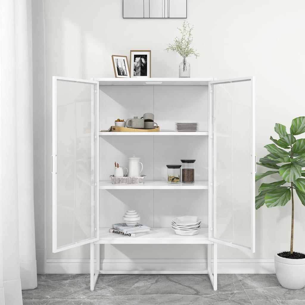 Hoge kast 80x35x135 cm staal en gehard glas wit