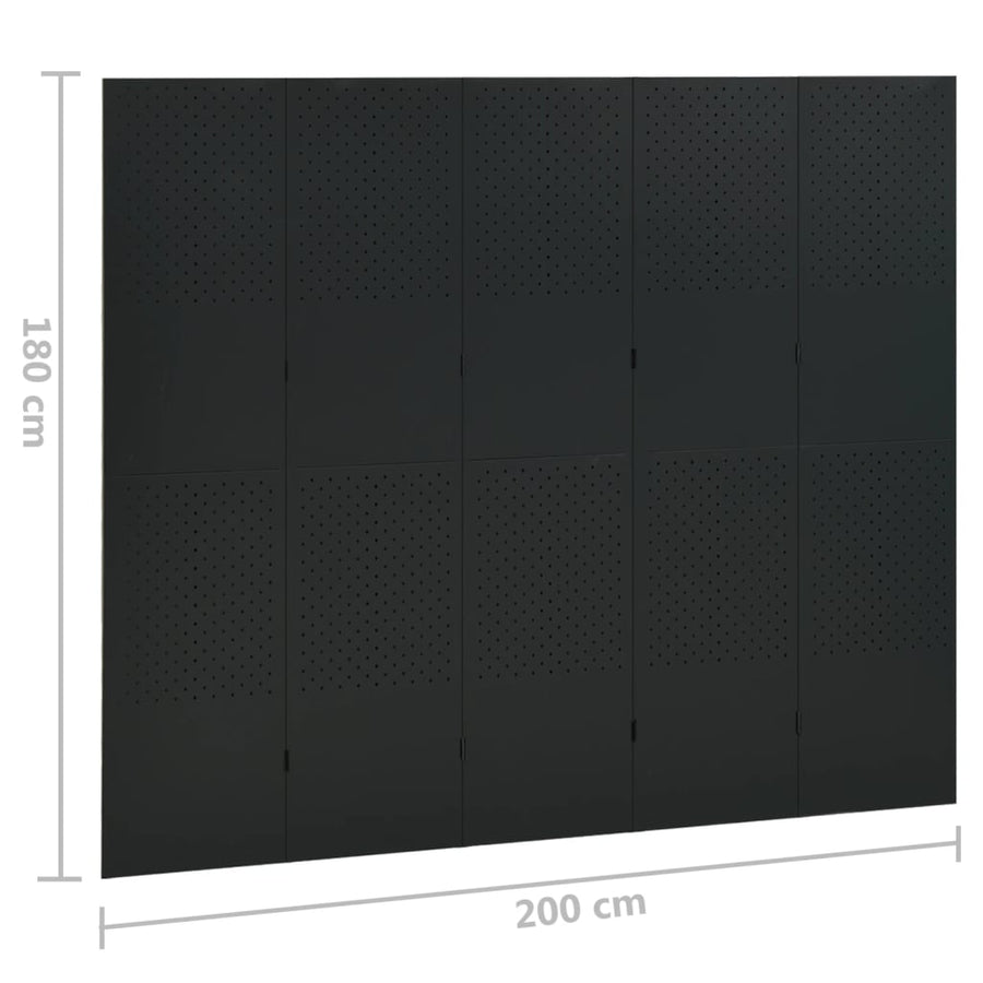 Kamerscherm met 5 panelen 200x180 cm staal zwart