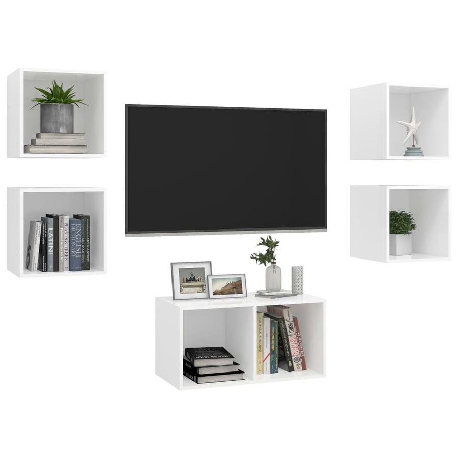 5-Delige Tv-Meubelset Bewerkt Hout Wit Wit