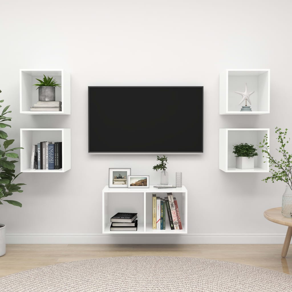 5-Delige Tv-Meubelset Bewerkt Hout Wit Wit
