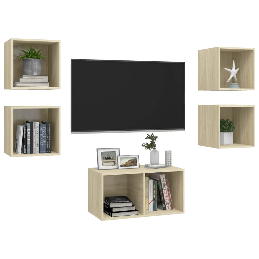 5-Delige Tv-Meubelset Bewerkt Hout Kleurig Sonoma eiken