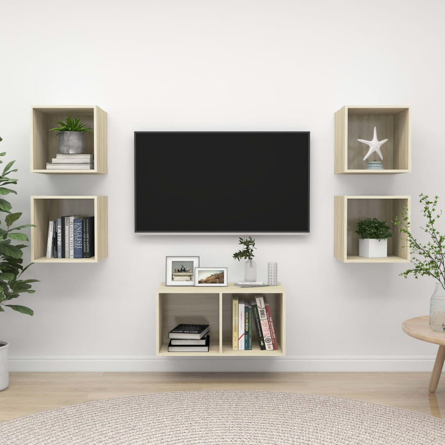 5-Delige Tv-Meubelset Bewerkt Hout Kleurig Sonoma eiken