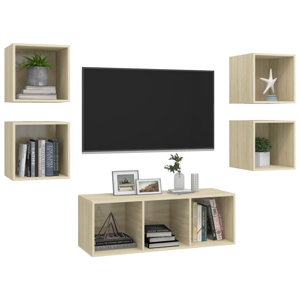 5-Delige Tv-Meubelset Bewerkt Hout Kleurig Sonoma eiken