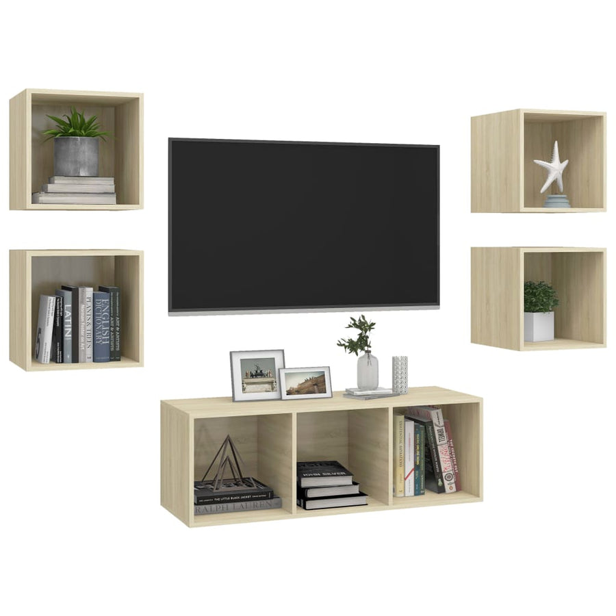 5-Delige Tv-Meubelset Bewerkt Hout Kleurig Sonoma eiken
